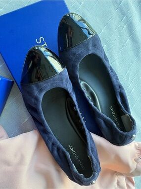Stuart Weitzman Navy Suede Flats with Black Patent Cap Toe